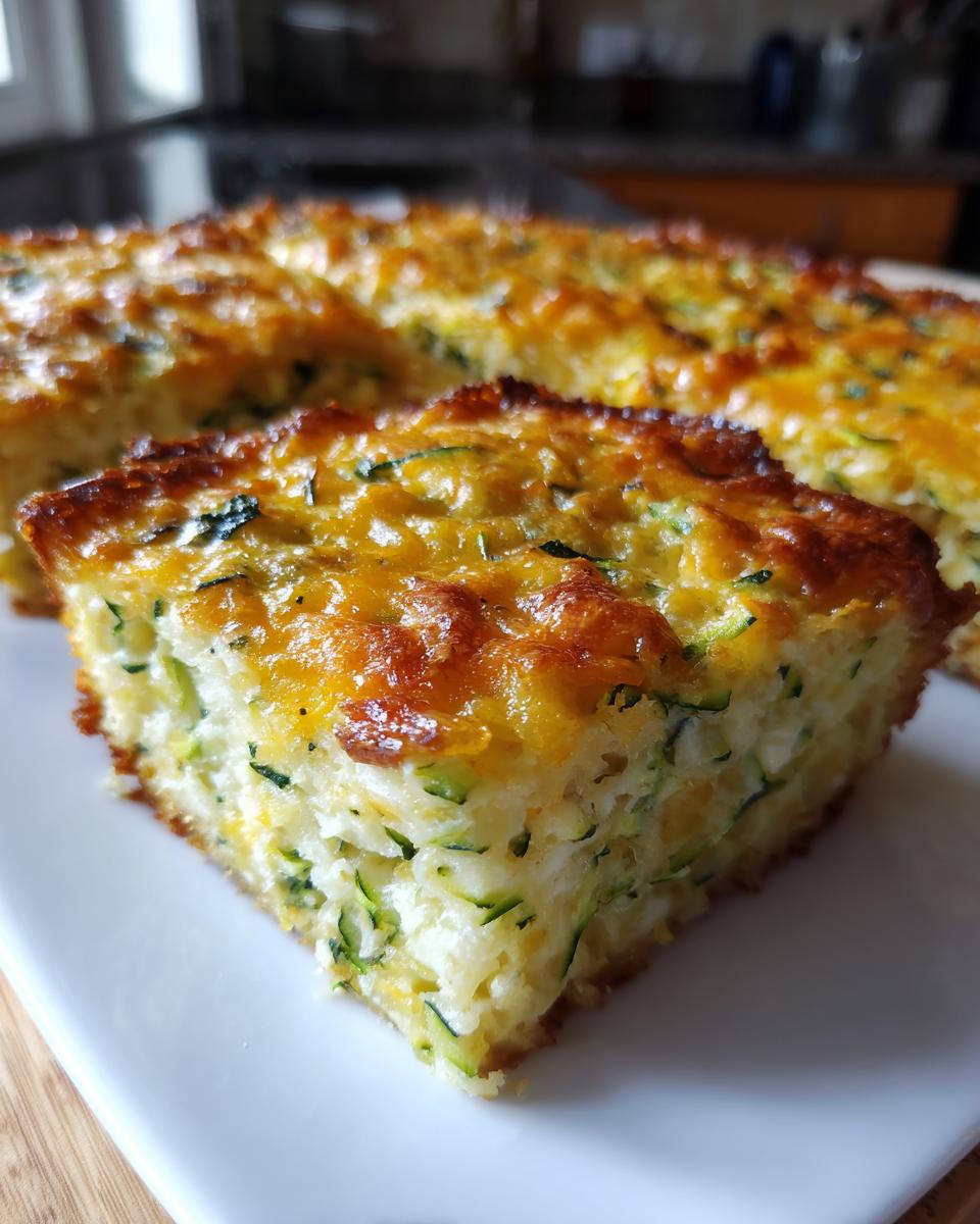 A close-up slice of Addictive Zucchini Casserole showing shredded zucchini and a golden, cheesy baked top.