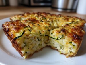 Close-up of a thick slice of Addictive Zucchini Casserole showing the cheesy, golden-brown top and soft interior with visible zucchini shreds.