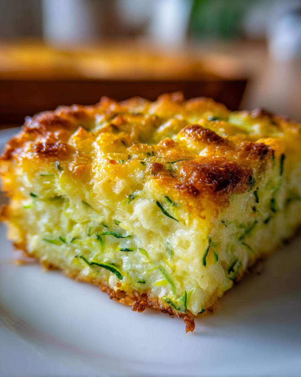 Close-up of a square slice of Addictive Zucchini Casserole showing shredded zucchini and a golden-brown cheesy crust.