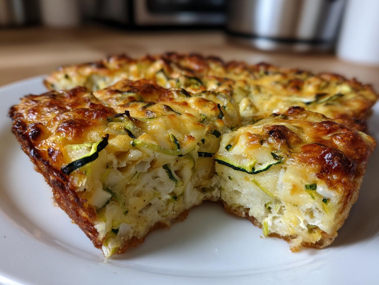 Close-up of a thick slice of Addictive Zucchini Casserole showing the cheesy, golden-brown top and soft interior with visible zucchini shreds.