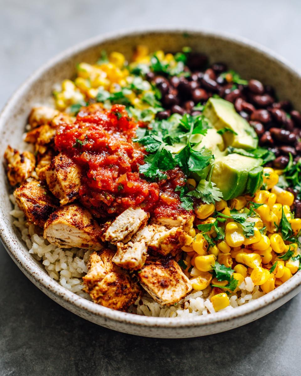 Close-up of a vibrant chicken burrito bowl featuring seasoned chicken, rice, black beans, corn, salsa, avocado, and cilantro.