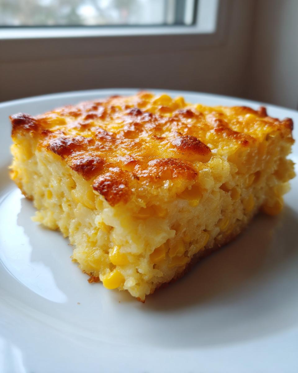 A close-up of a square slice of golden brown, baked corn casserole recipe on a white plate.