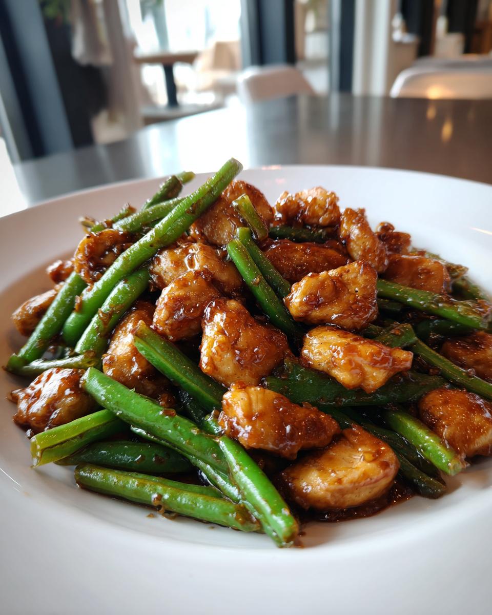 Close-up of glossy, saucy chicken and crisp green beans in a chicken and green bean stir fry served on a white plate.