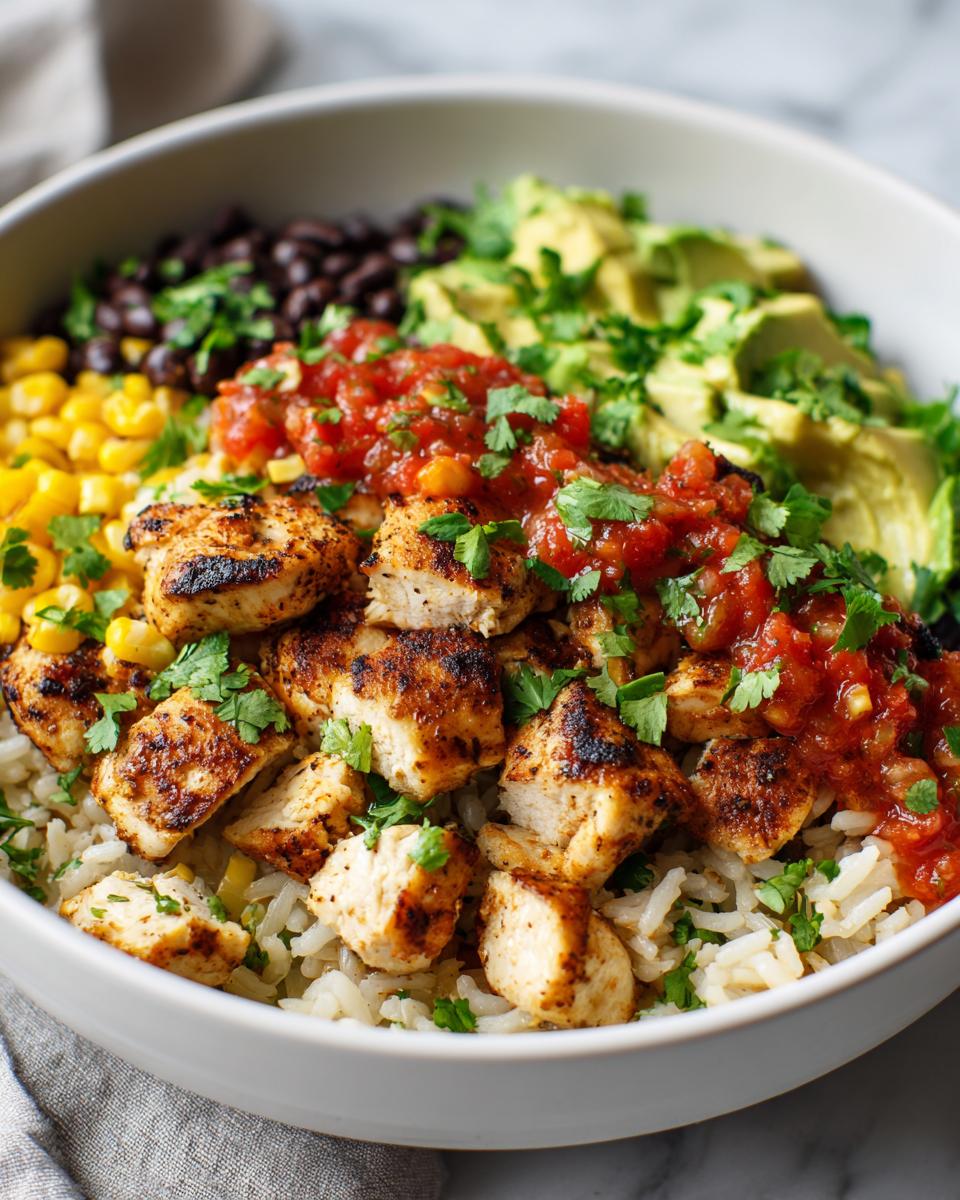 Close-up of a delicious chicken burrito bowl featuring seasoned chicken, rice, black beans, corn, avocado, and salsa.