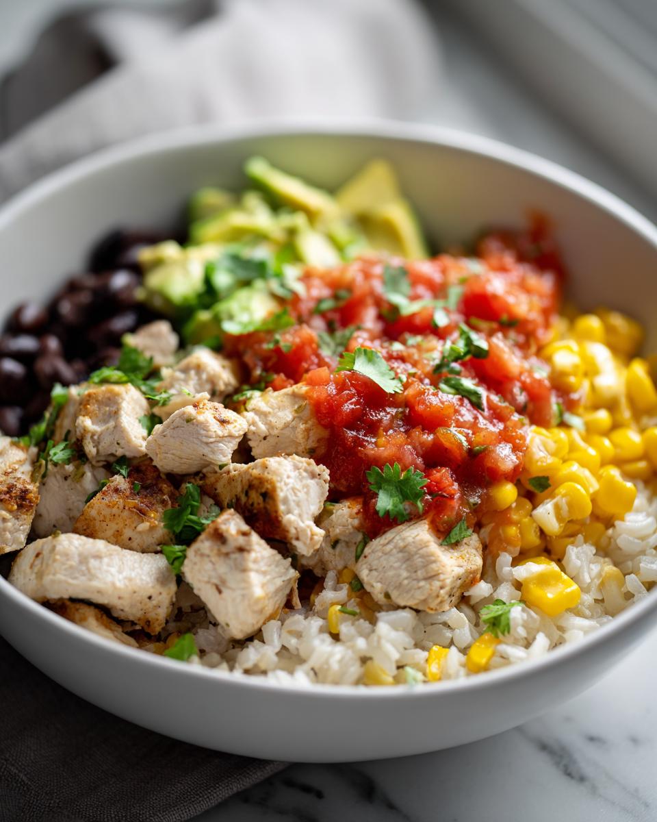 A close-up of a white bowl filled with rice, seasoned chicken cubes, black beans, corn, salsa, and avocado, making a perfect chicken burrito bowl.