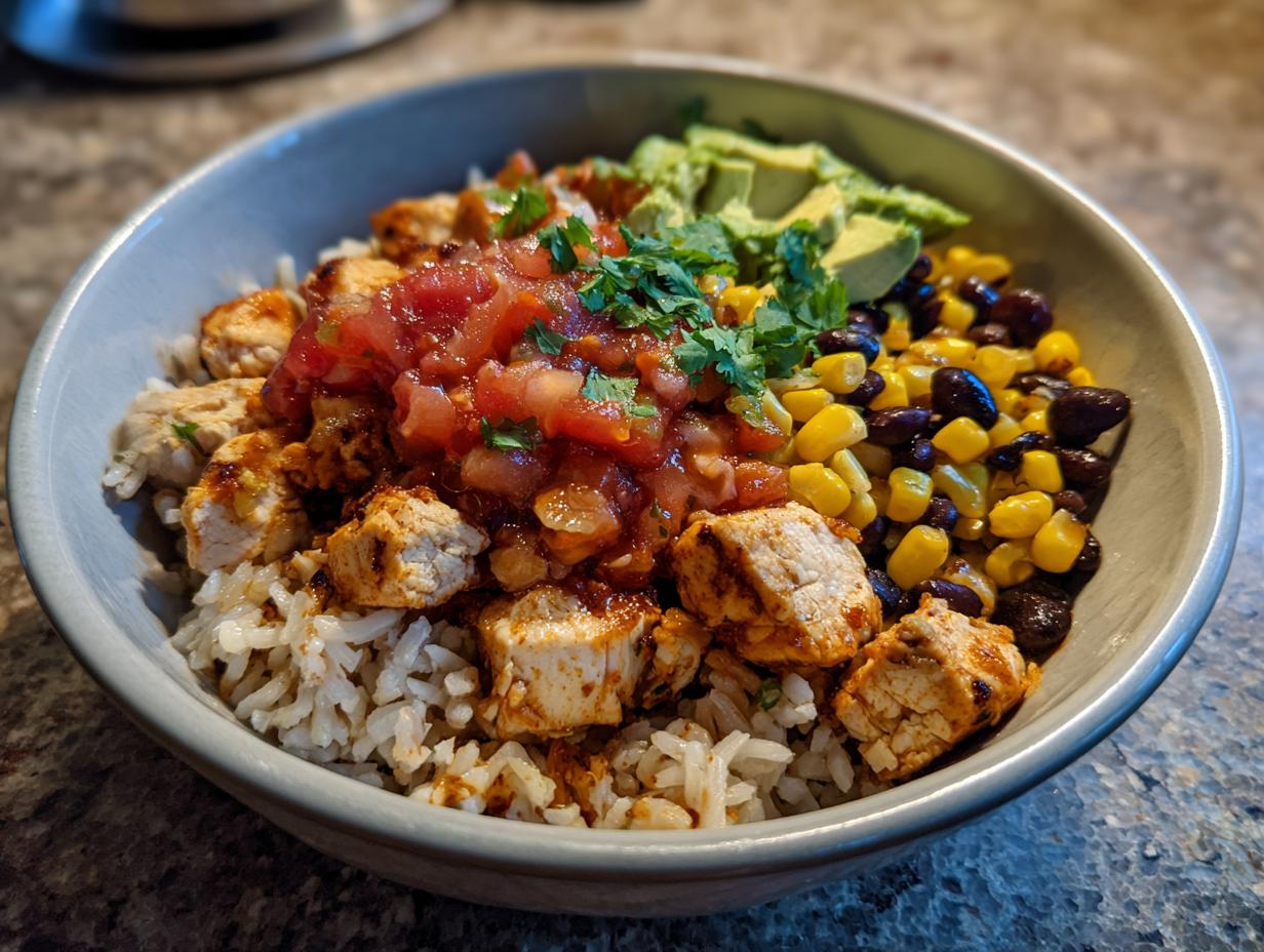 A close-up of an amazing chicken burrito bowl featuring seasoned chicken, rice, salsa, corn, black beans, and avocado.