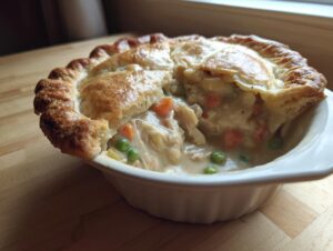 A close-up of a single-serving chicken pot pie with a golden, flaky crust broken open to show creamy filling, chicken, peas, and carrots.