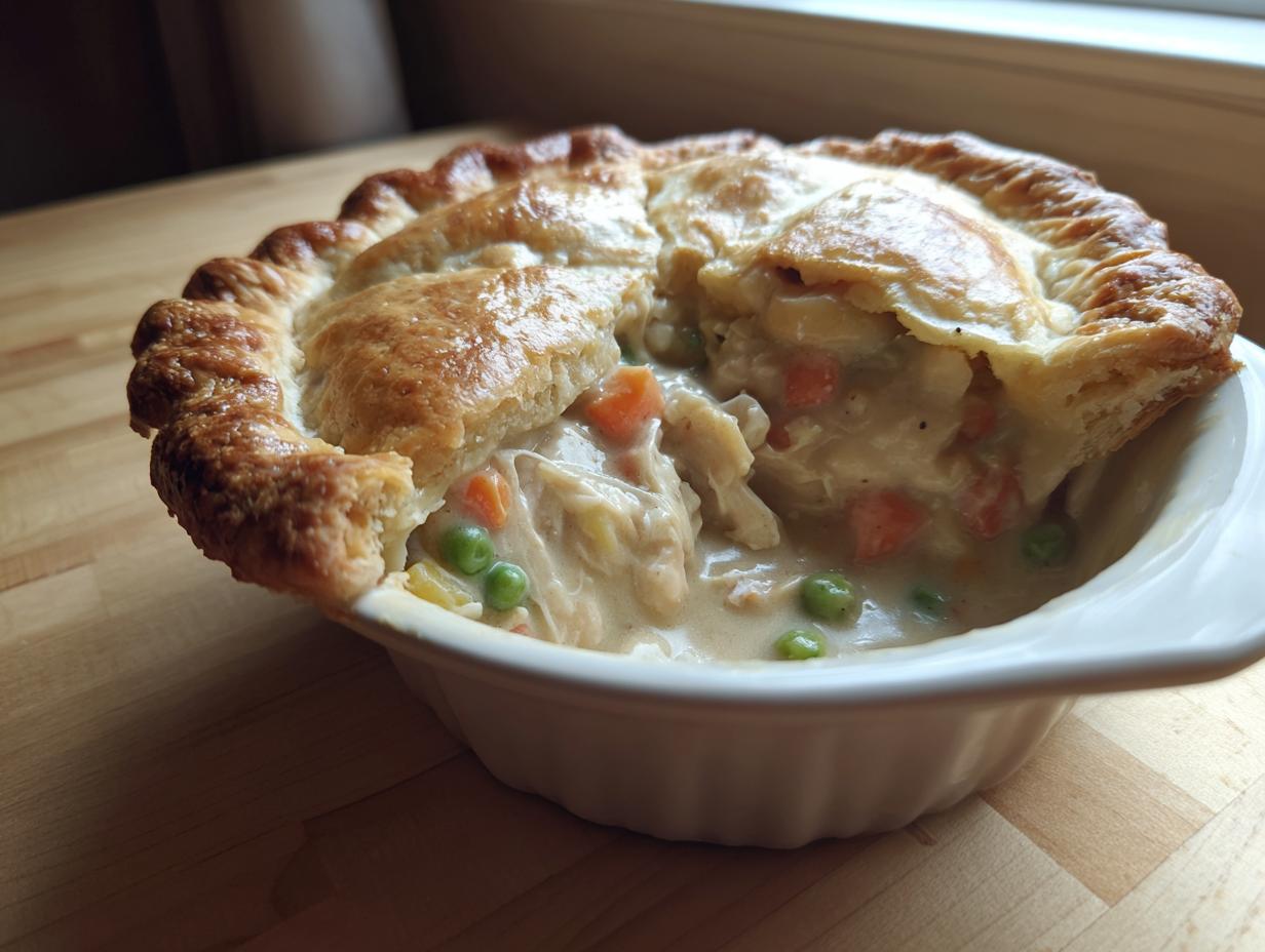 A close-up of a single-serving chicken pot pie with a golden, flaky crust broken open to show creamy filling, chicken, peas, and carrots.