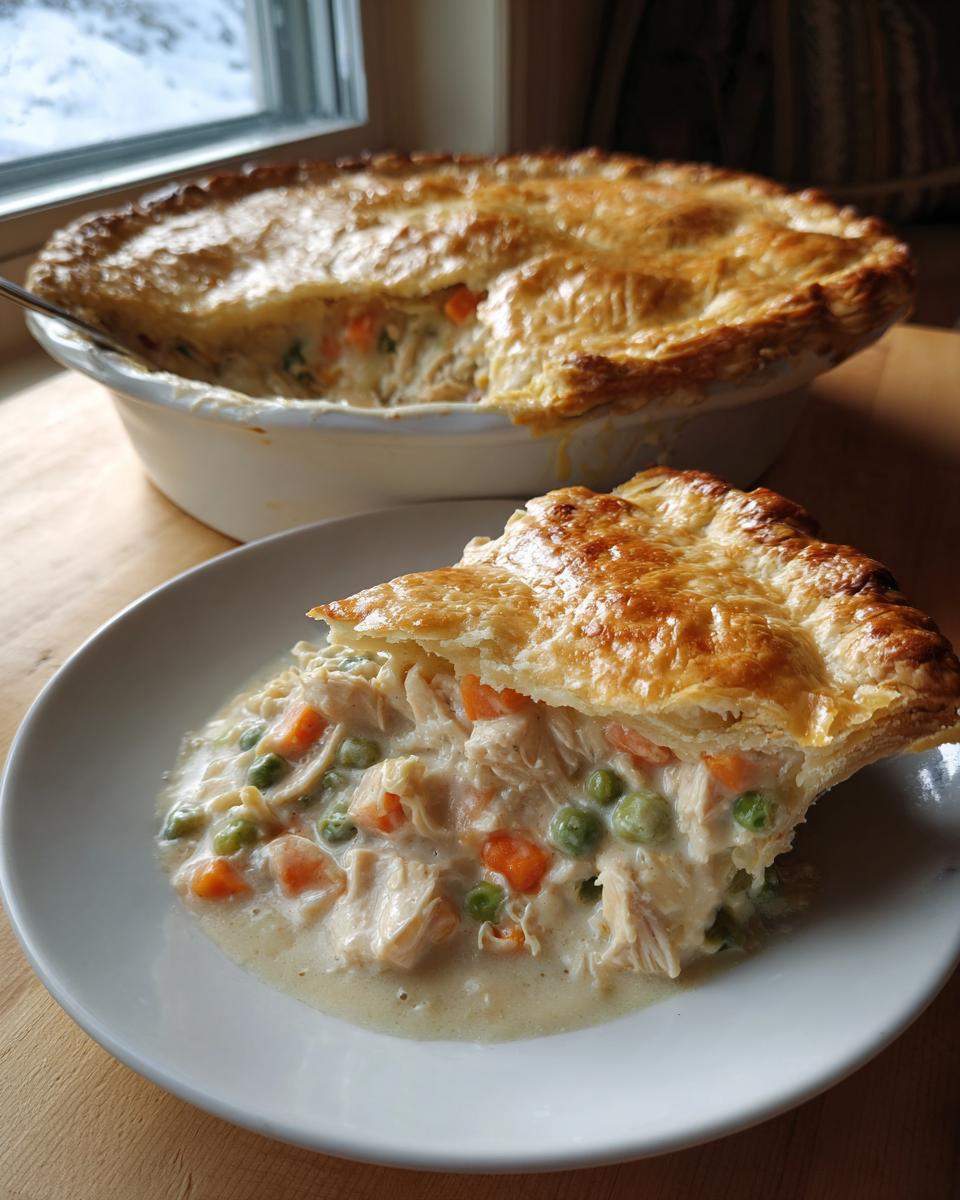 A generous slice of creamy chicken pot pie filled with chicken, peas, and carrots, served next to the full pie dish.