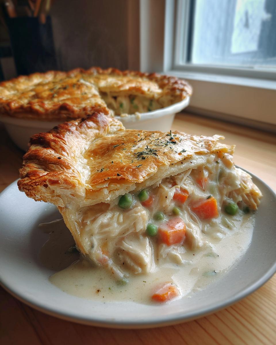 A generous slice of amazing chicken pot pie with creamy filling, carrots, and peas, set against the whole pie in the background.