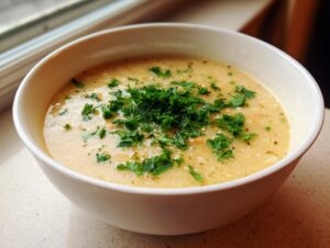 Close-up of a creamy, light yellow bowl of chickpea soup topped generously with fresh chopped parsley.