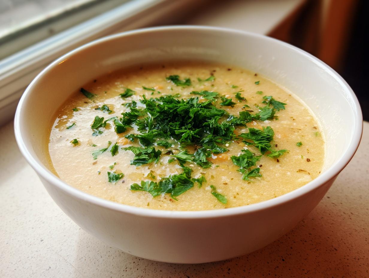 Close-up of a creamy, light yellow bowl of chickpea soup topped generously with fresh chopped parsley.