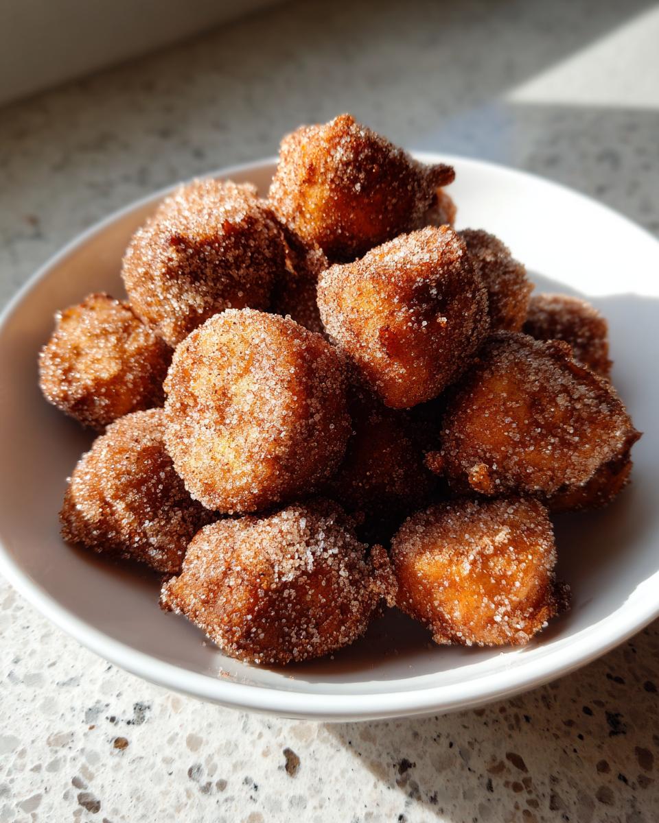 A white bowl filled with golden brown, bite-sized churro donut bites generously coated in cinnamon sugar.