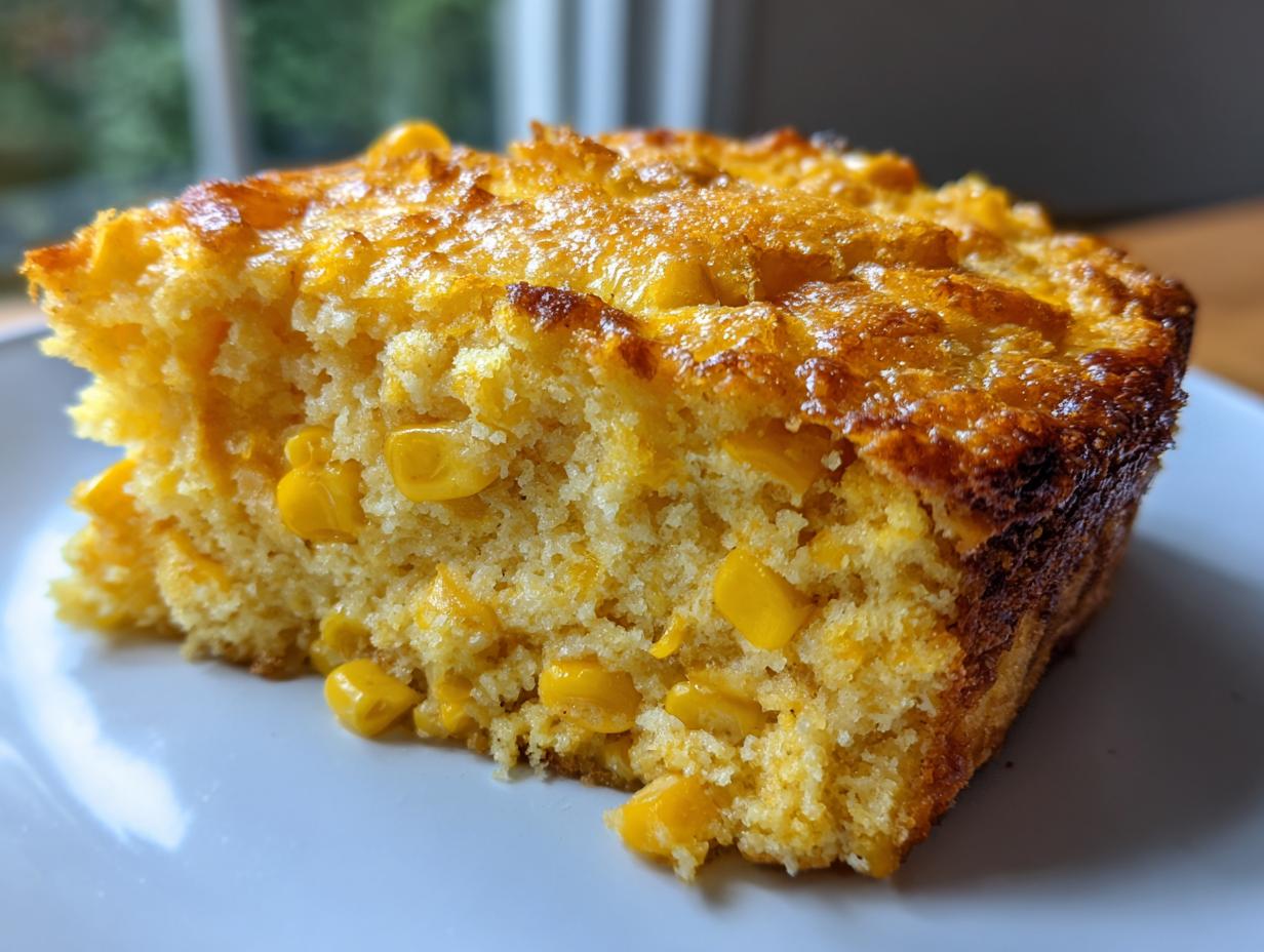 Close-up of a moist, golden slice of corn casserole recipe, studded with whole corn kernels.