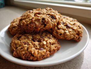 A close-up stack of four thick, chewy cowboy cookies loaded with oats and chocolate chips, resting on a white plate.