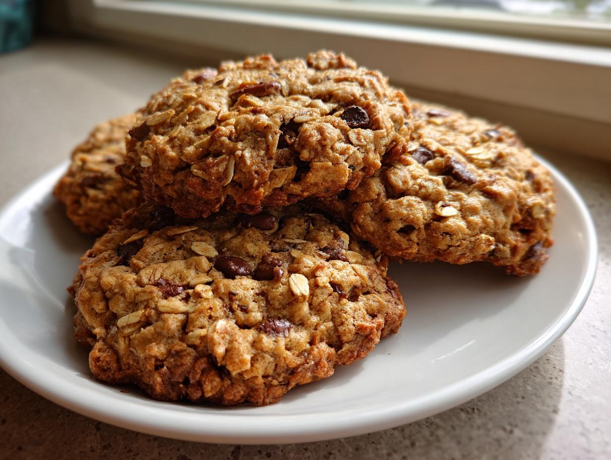 A close-up stack of four thick, chewy cowboy cookies loaded with oats and chocolate chips, resting on a white plate.