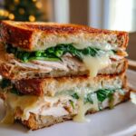 A cross-section of an amazing healthy breakfast sandwich stacked high with turkey, melted cheese, and wilted spinach on toasted bread.