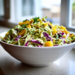 A large white bowl filled with vibrant mango slaw featuring shredded cabbage, purple cabbage, and bright yellow mango chunks.