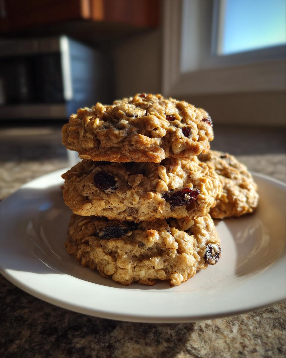 A stack of three thick, chewy oatmeal raisin cookies resting on a white plate, highlighted by sunlight.