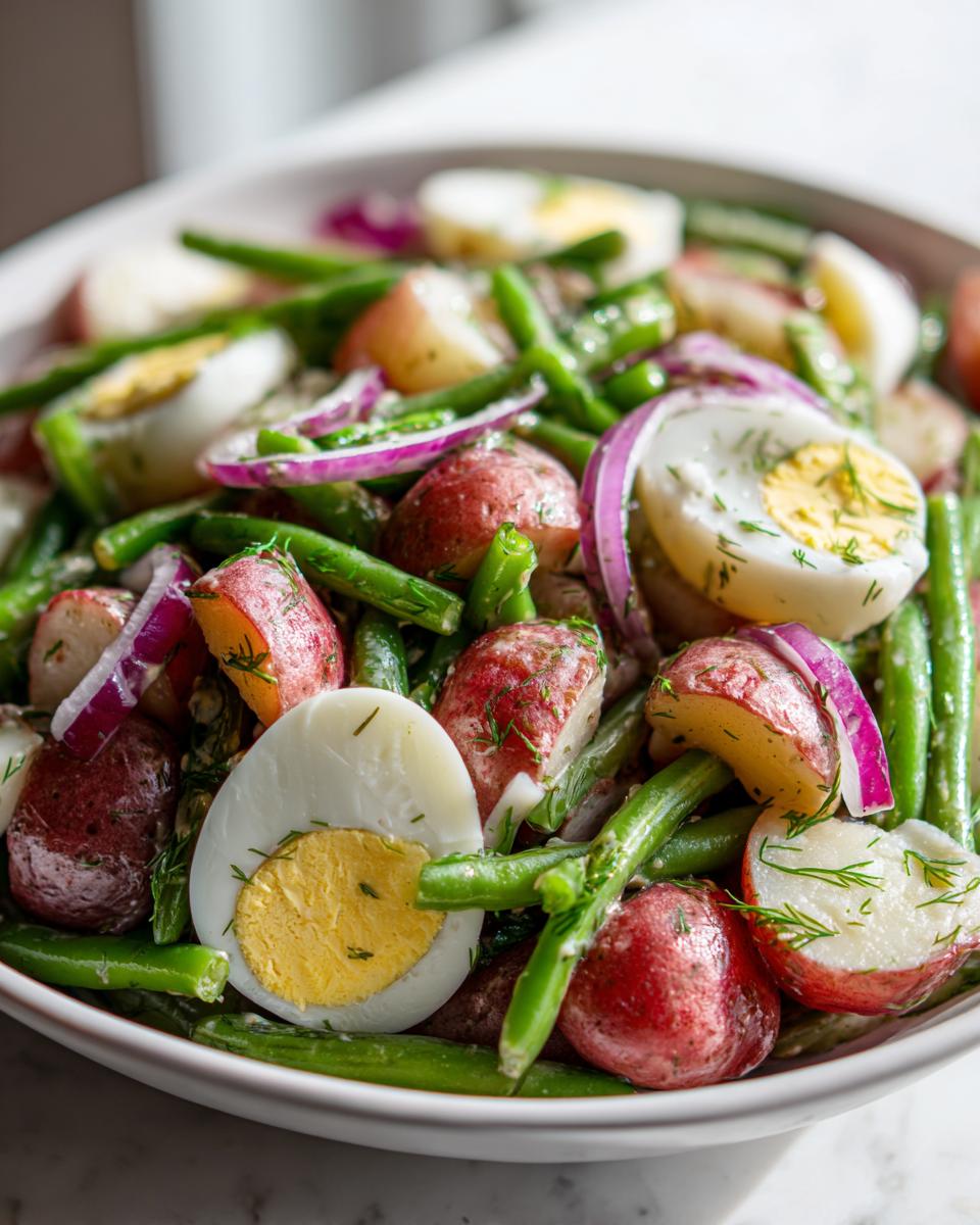 Close-up of a vibrant potato and green bean salad featuring red potatoes, green beans, sliced hard-boiled eggs, and red onion.