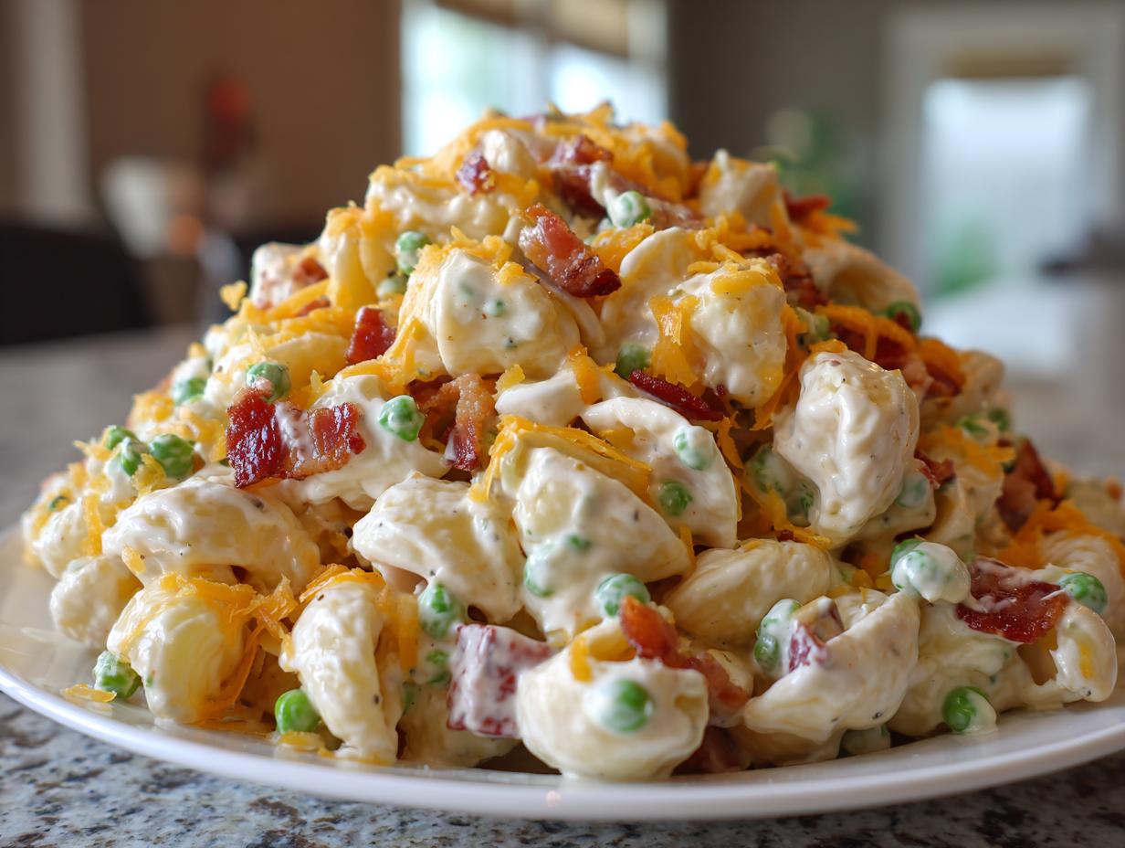 Close-up of a large serving of amazing ranch pasta salad piled high with creamy dressing, bacon bits, peas, and shredded cheddar cheese.