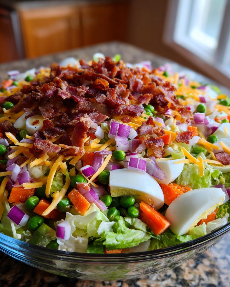 Close-up of the top layer of an amazing seven layer salad, featuring bacon, cheese, eggs, and red onion.
