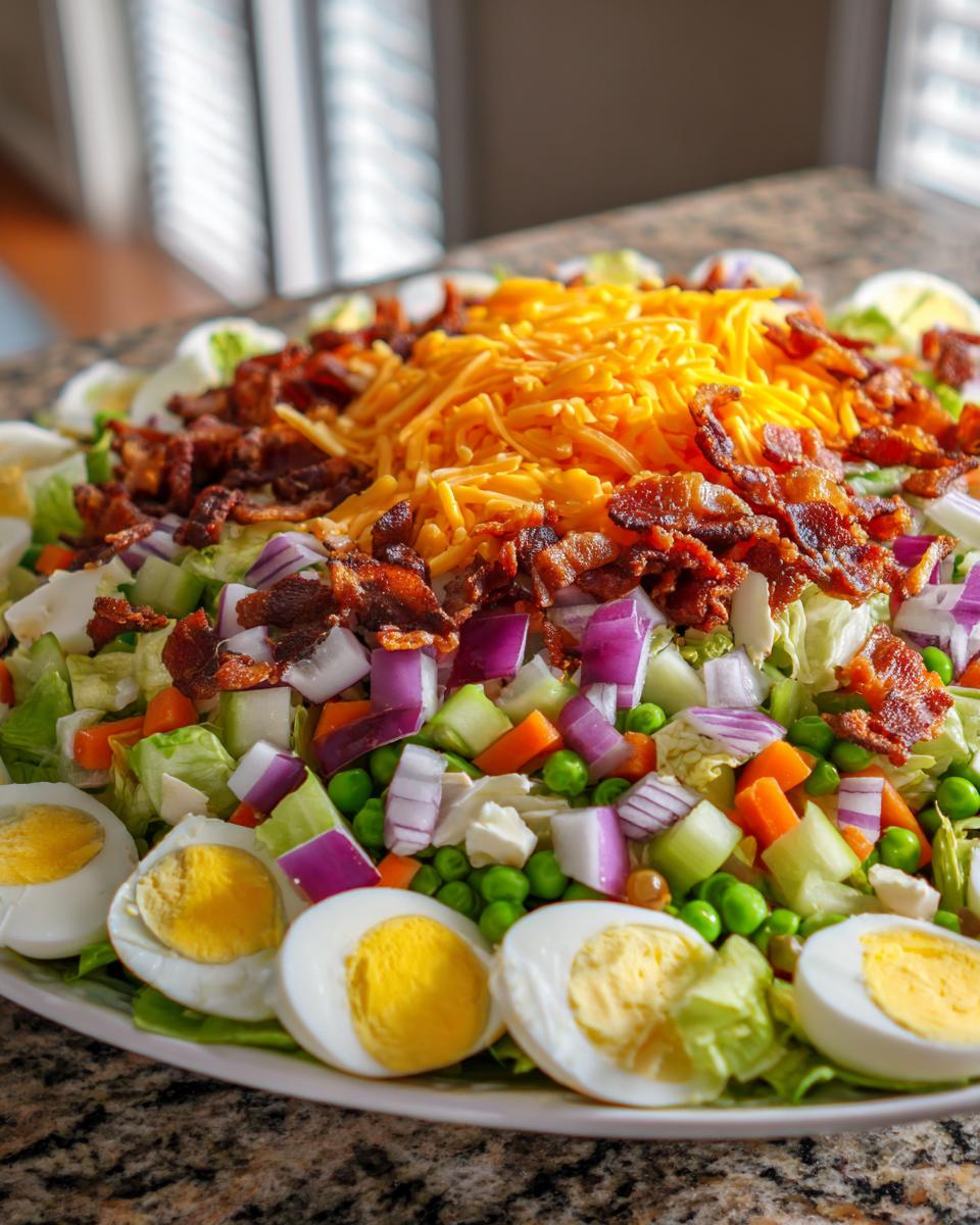 A vibrant, fully assembled seven layer salad featuring layers of lettuce, peas, carrots, red onion, topped with shredded cheddar, bacon, and hard-boiled eggs.