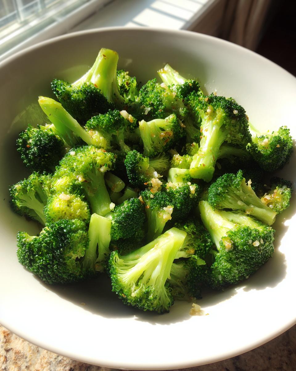 Close-up of bright green steamed broccoli florets seasoned with garlic and salt in a white bowl.