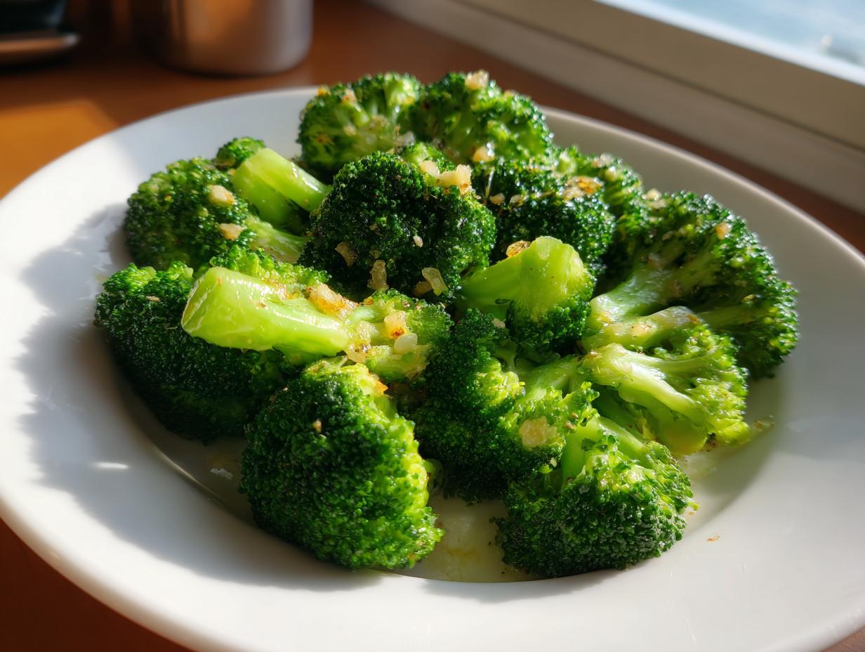 Bright green, perfectly cooked steamed broccoli florets seasoned with minced garlic on a white plate.