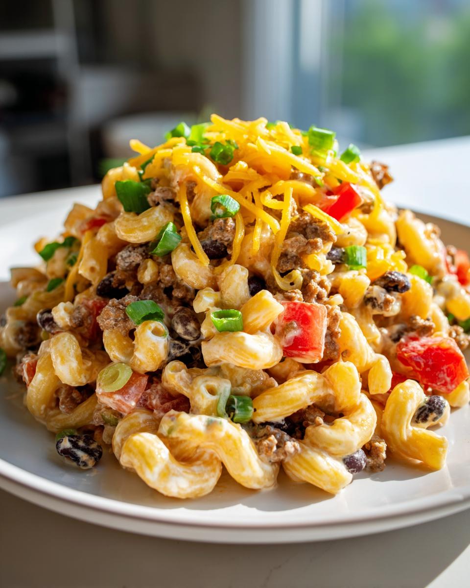 A mound of creamy taco pasta salad featuring elbow macaroni, seasoned ground beef, black beans, tomatoes, topped with shredded cheddar and green onions.