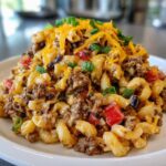 A mound of amazing taco pasta salad featuring elbow macaroni, seasoned ground beef, black beans, and topped with shredded cheddar and green onions.