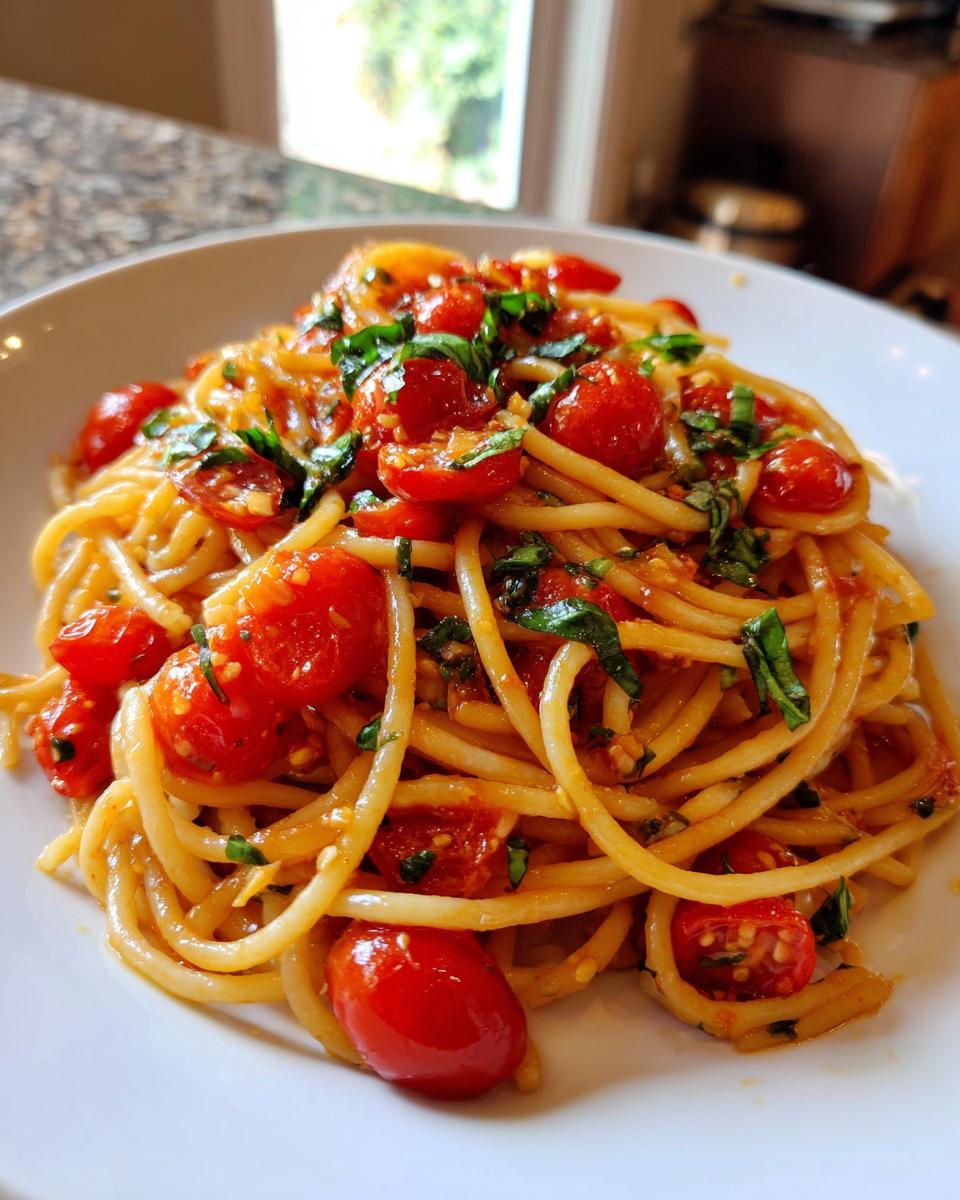 A close-up of a serving of spaghetti tossed in a light sauce with burst cherry tomatoes and fresh basil, perfect tomato basil pasta.