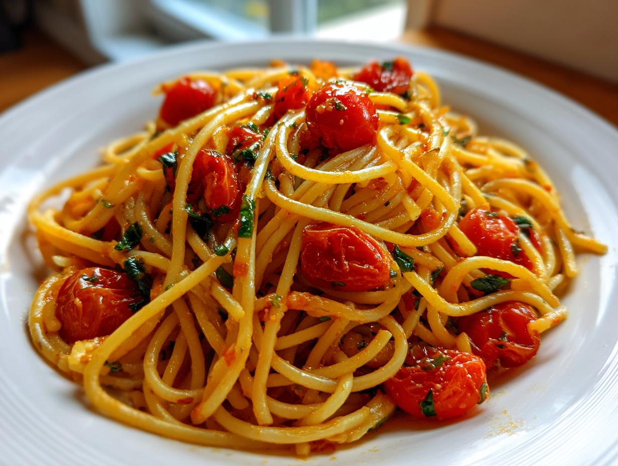 A close-up of a serving of amazing tomato basil pasta tossed with roasted cherry tomatoes and fresh green basil.
