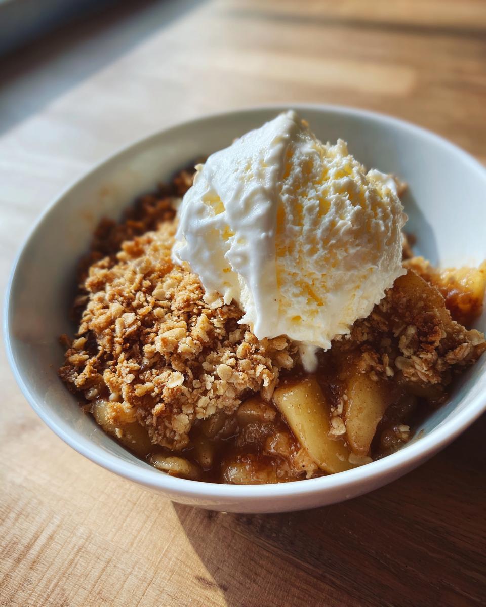A close-up of a warm serving of apple crumble topped with a melting scoop of vanilla ice cream.