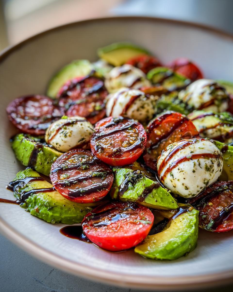 Close-up of vibrant avocado caprese salad featuring grilled tomatoes, mozzarella balls, and avocado slices drizzled with balsamic glaze.