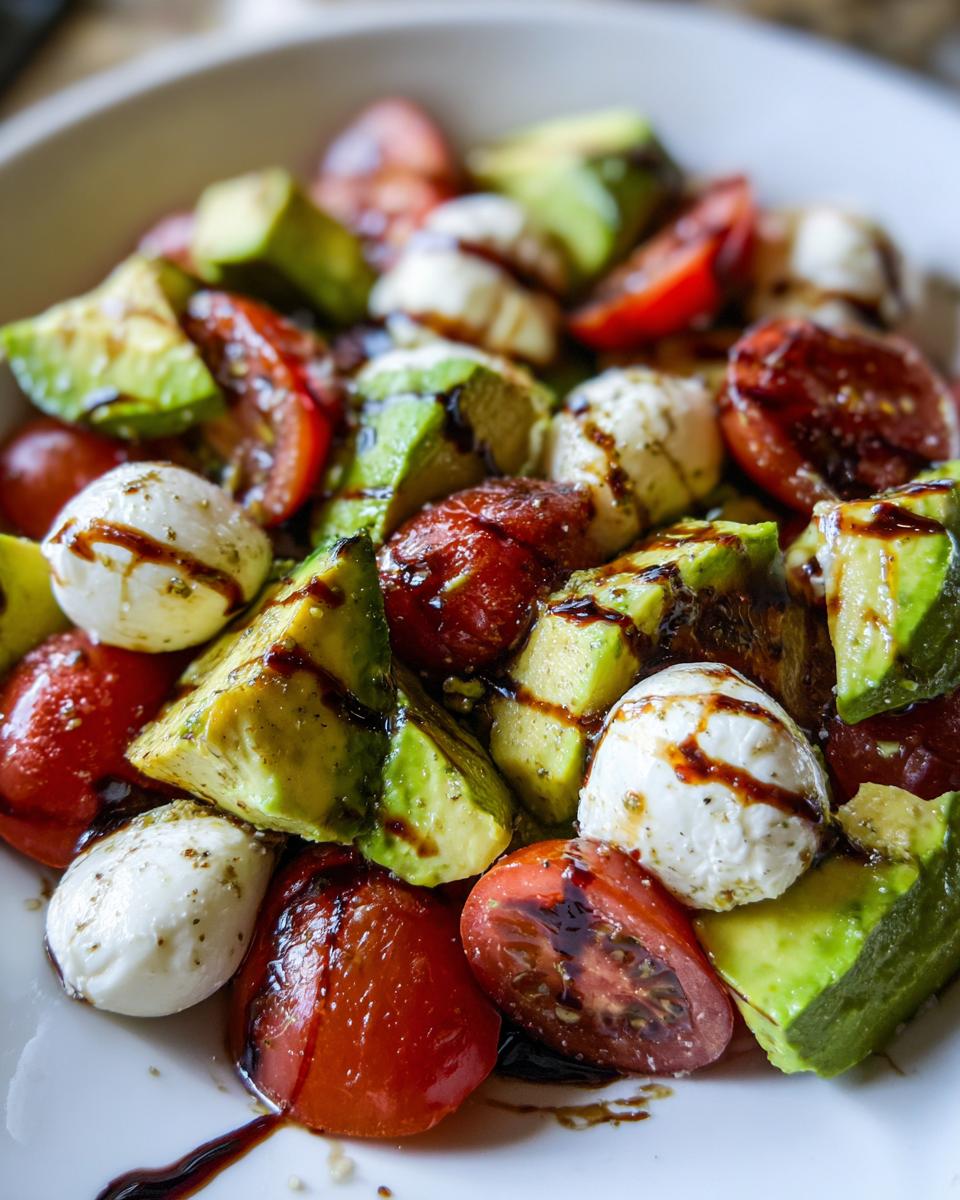 Close-up of a vibrant avocado caprese salad featuring chunks of avocado, cherry tomatoes, mozzarella balls, drizzled with balsamic glaze.