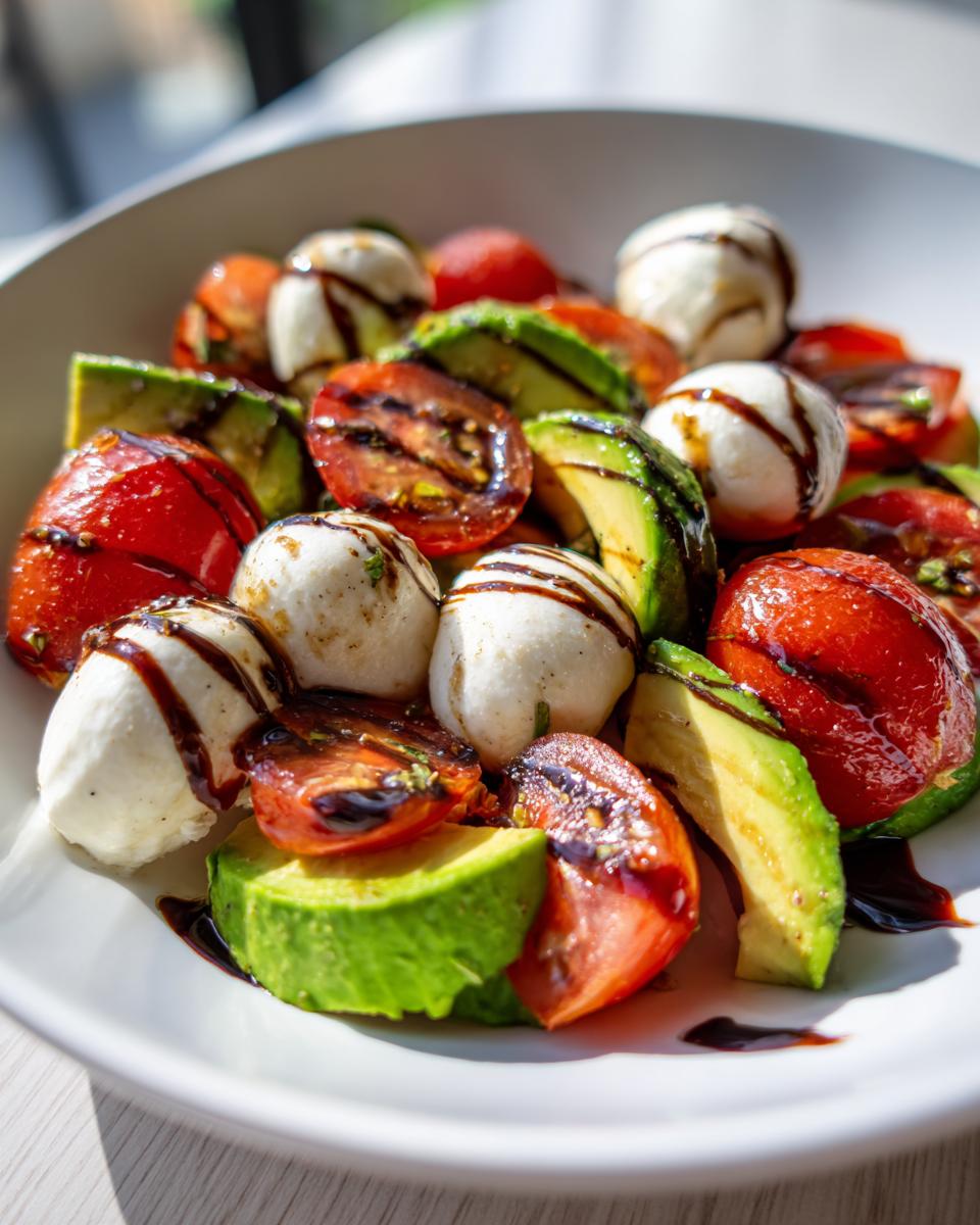 Close-up of a vibrant avocado caprese salad featuring mozzarella balls, cherry tomatoes, avocado slices, drizzled with balsamic glaze.