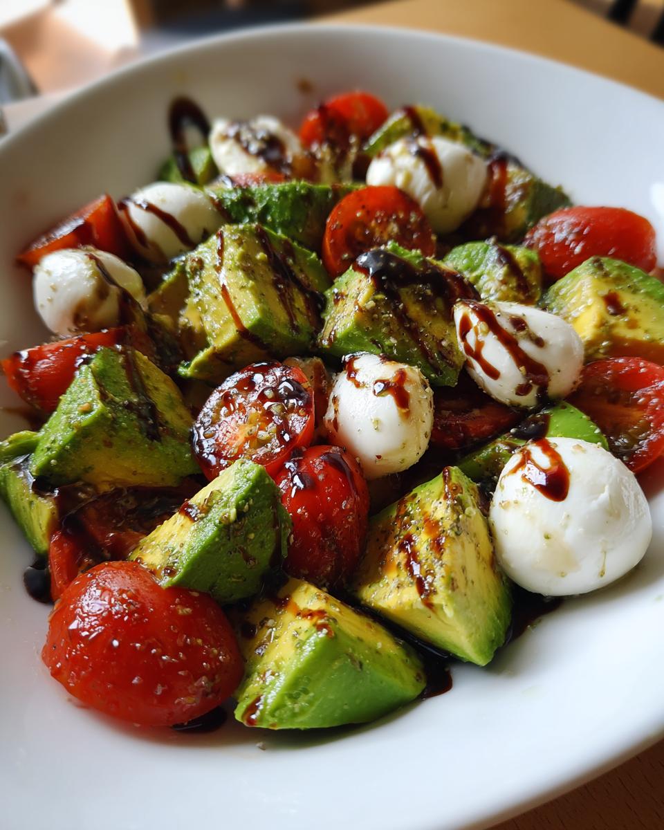 Close-up of chunks of avocado, cherry tomatoes, and mozzarella balls making up an avocado caprese salad, drizzled with balsamic glaze.
