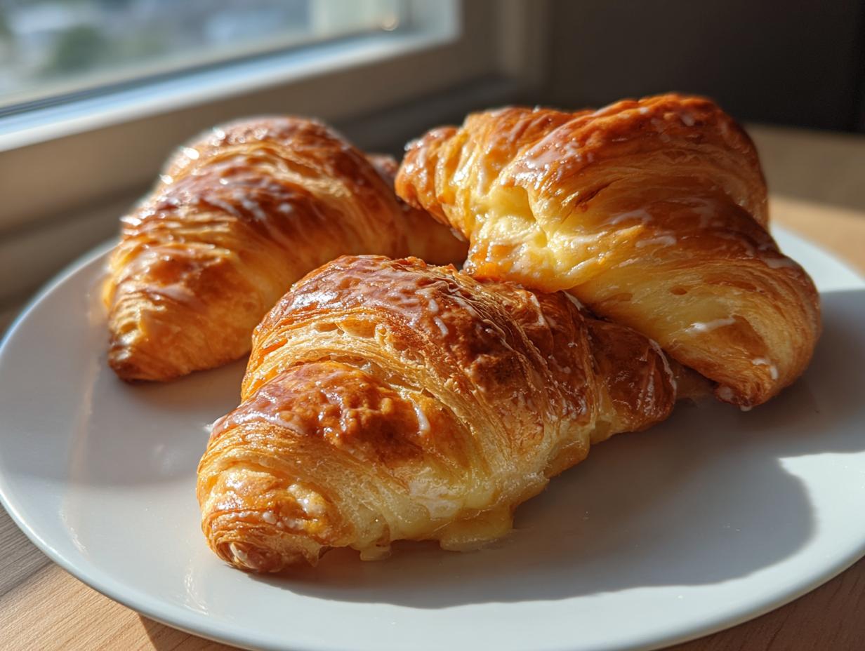 Three golden brown baked ham and cheese croissants with a light glaze stacked on a white plate near a window.