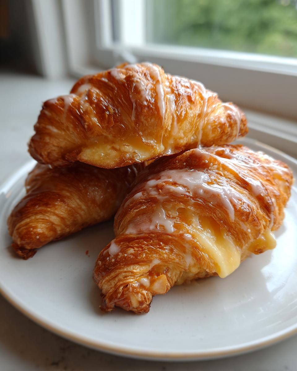 Three golden brown baked ham and cheese croissants stacked on a white plate, drizzled with a light glaze.
