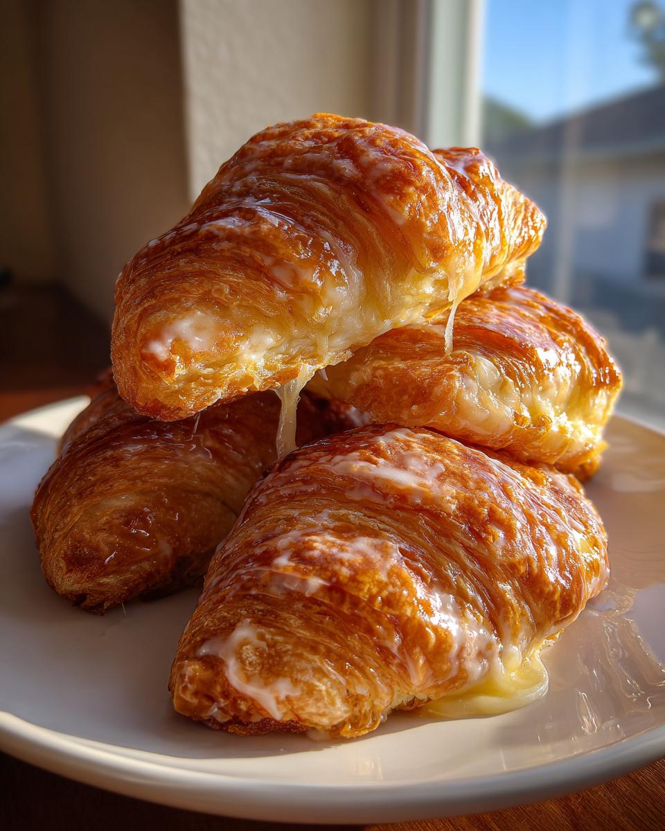 Close-up of golden brown baked ham and cheese croissants stacked on a white plate with melted cheese dripping down.