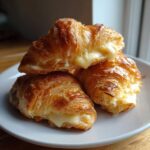 Three golden brown baked ham and cheese croissants stacked on a white plate with melted cheese oozing out.
