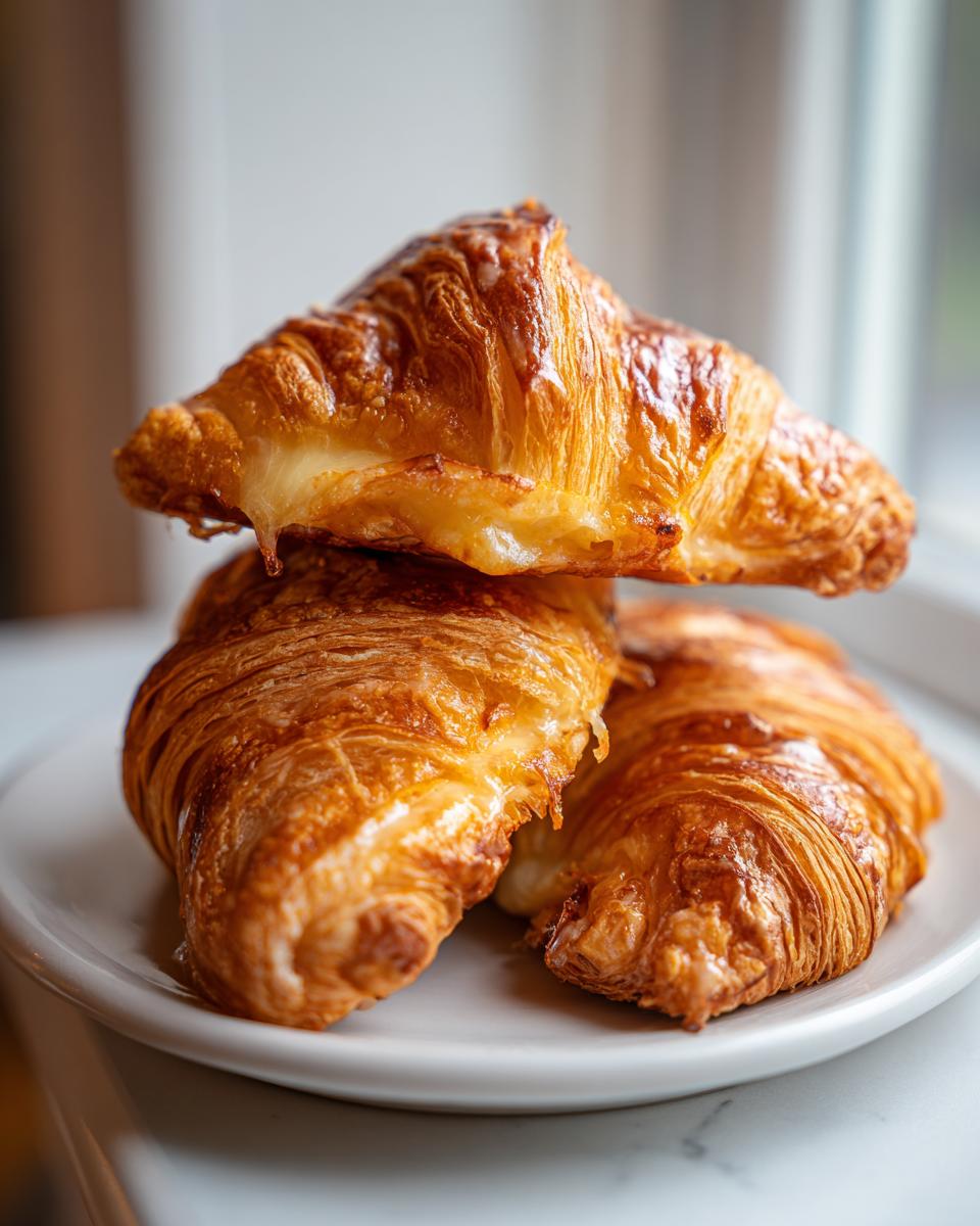 Three golden brown baked ham and cheese croissants stacked on a white plate, showing melted cheese oozing out.