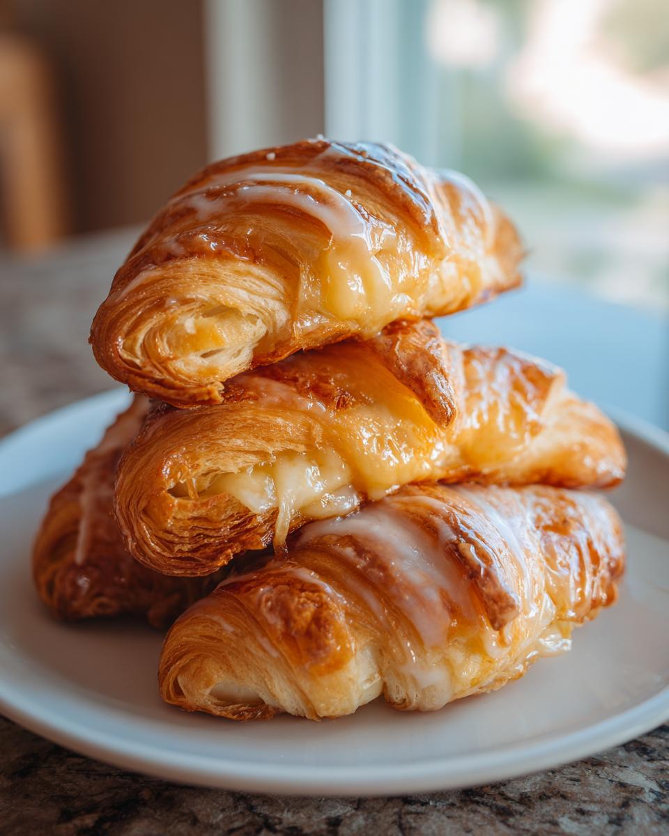 A stack of three golden baked ham and cheese croissants drizzled with white glaze.