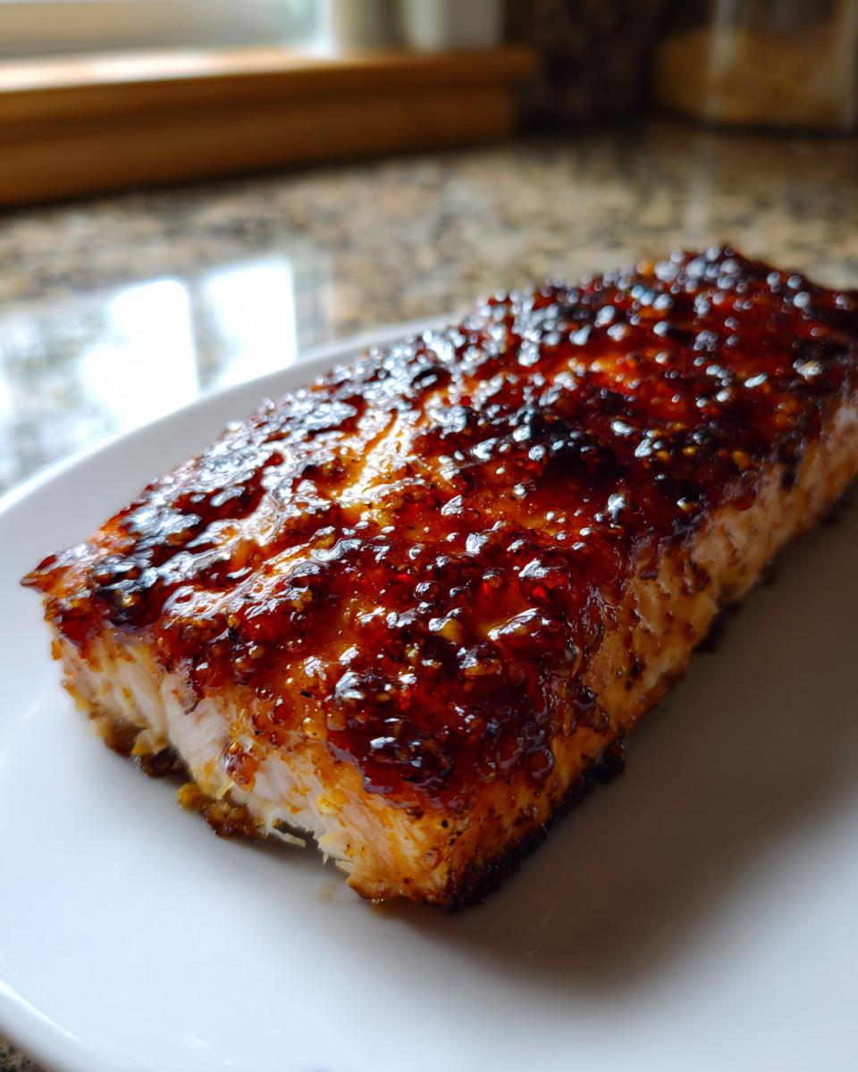 Close-up of a perfectly cooked fillet of baked honey garlic salmon with a thick, caramelized, glossy glaze.
