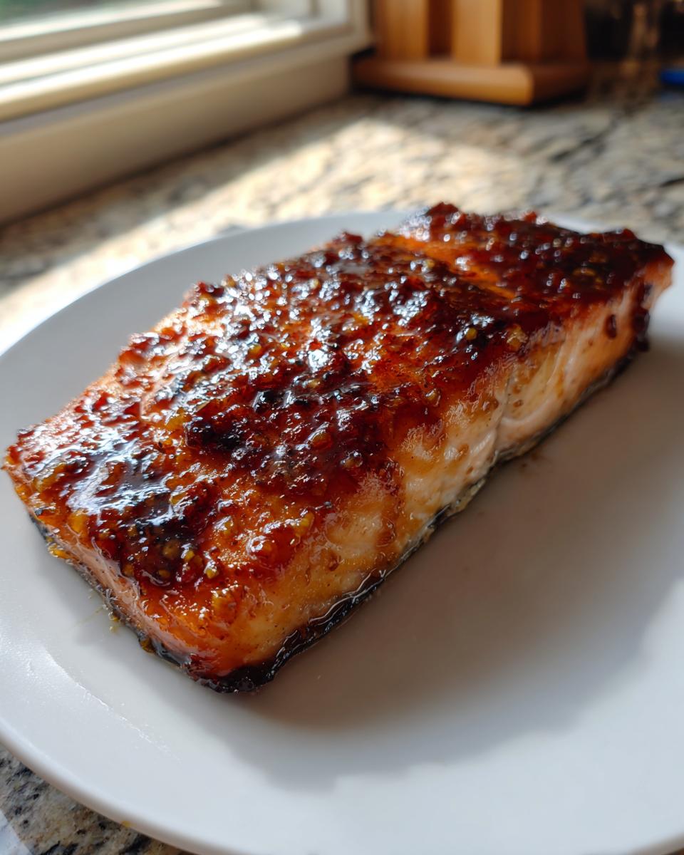 A perfectly cooked fillet of baked honey garlic salmon with a thick, shiny, caramelized glaze served on a white plate.