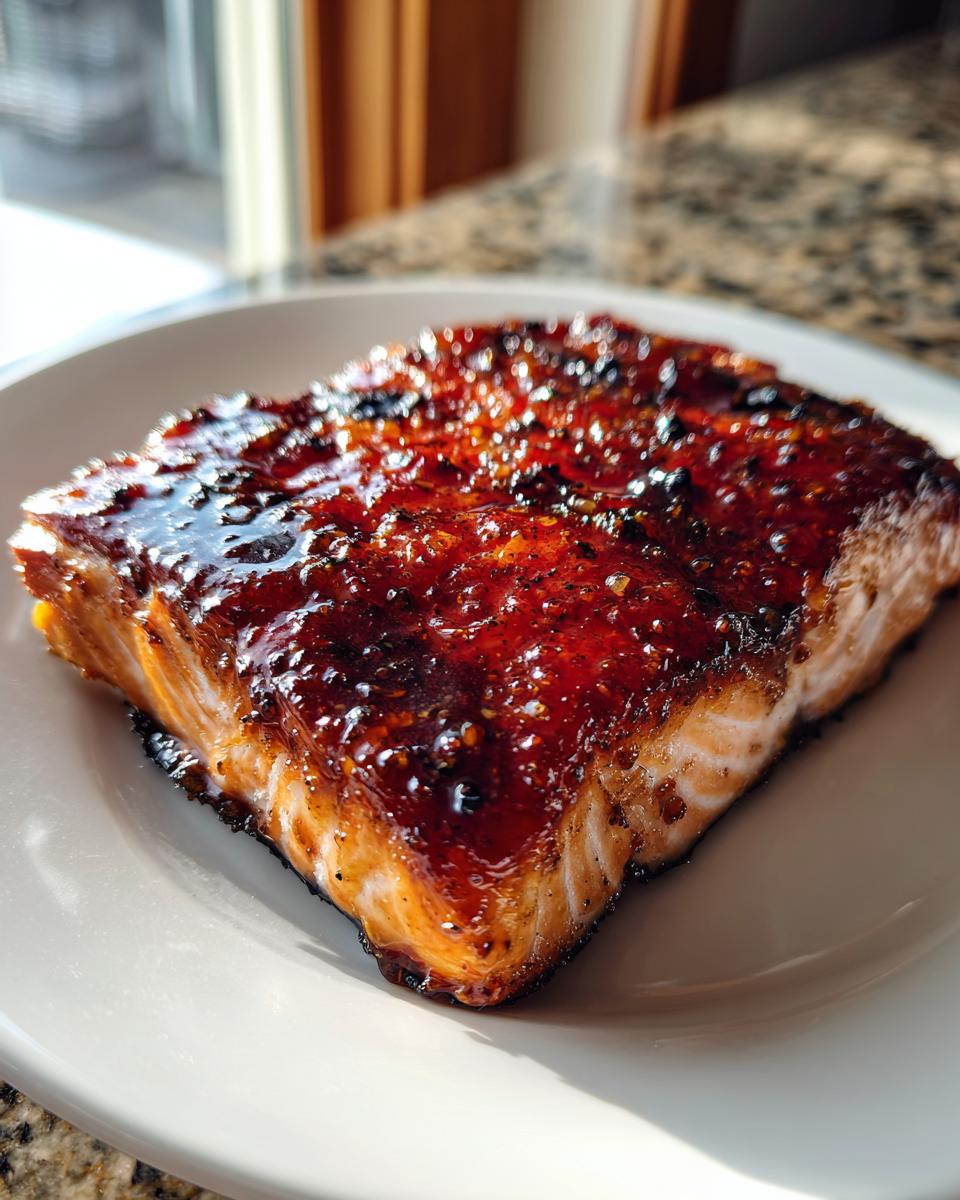 Close-up of a perfectly cooked baked honey garlic salmon fillet with a thick, glossy, caramelized glaze.