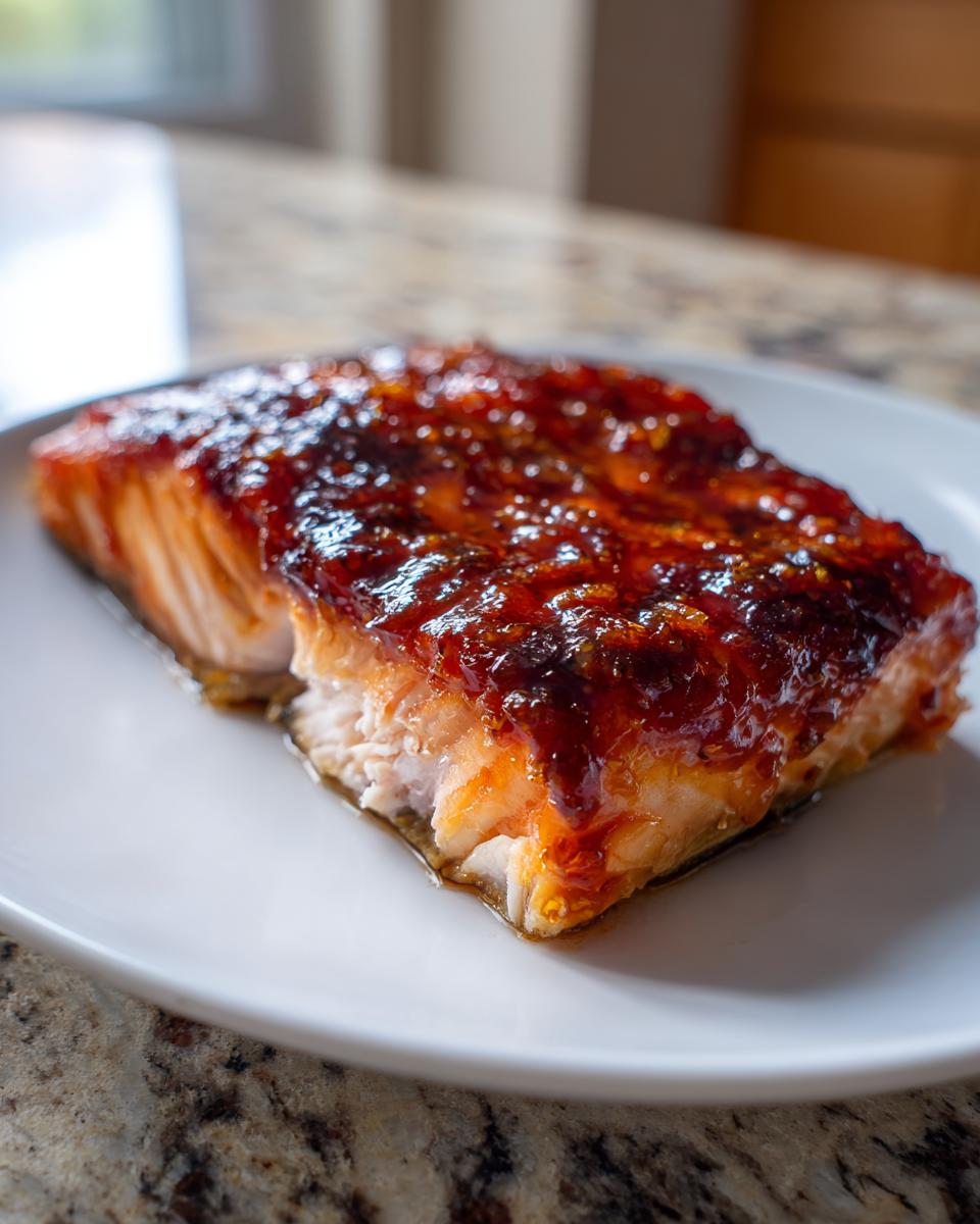 Close-up of a perfectly cooked fillet of baked honey garlic salmon with a thick, shiny, dark glaze.