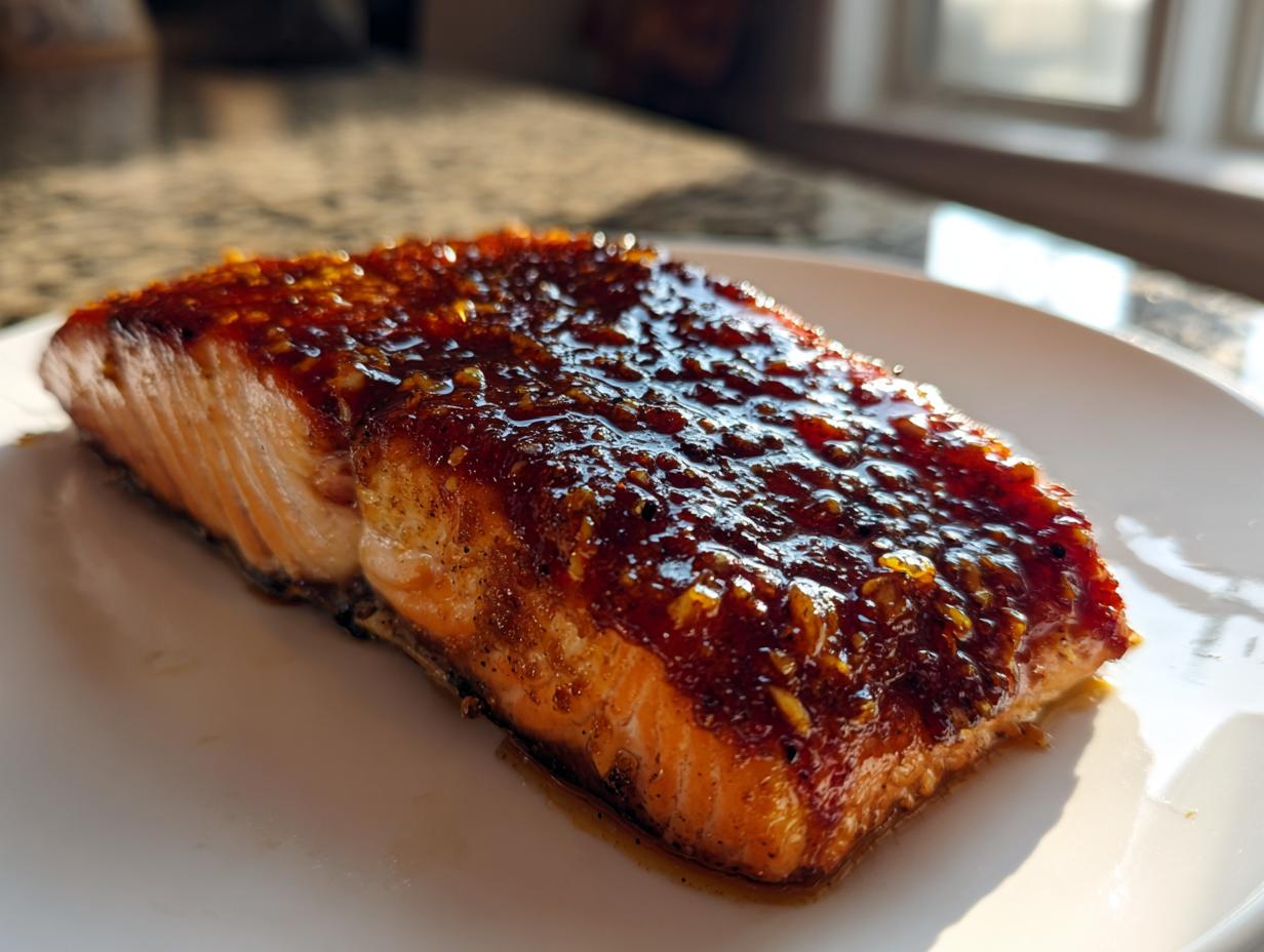Close-up of a perfectly cooked fillet of baked honey garlic salmon with a thick, shiny, caramelized glaze.