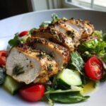 Close-up of sliced, herb-crusted chicken breast served over a fresh green salad, perfect for Baked Marinated Chicken Salad.